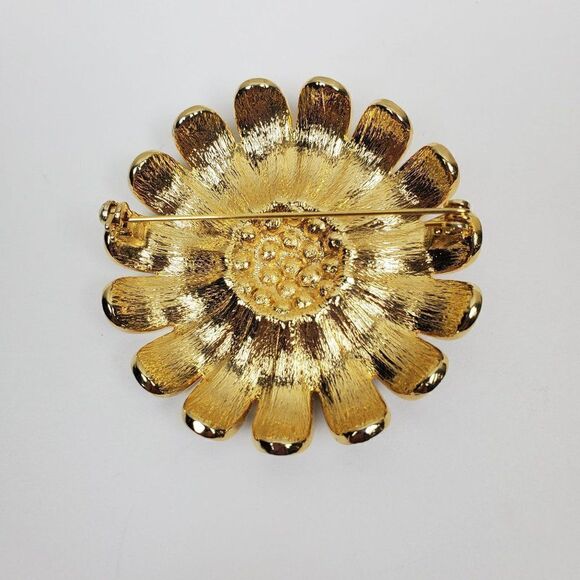 Vintage Brooch Pin Brown Enamel Topaz Yellow Green Rhinestone Floral‎ Large Big - Picture 4 of 8
